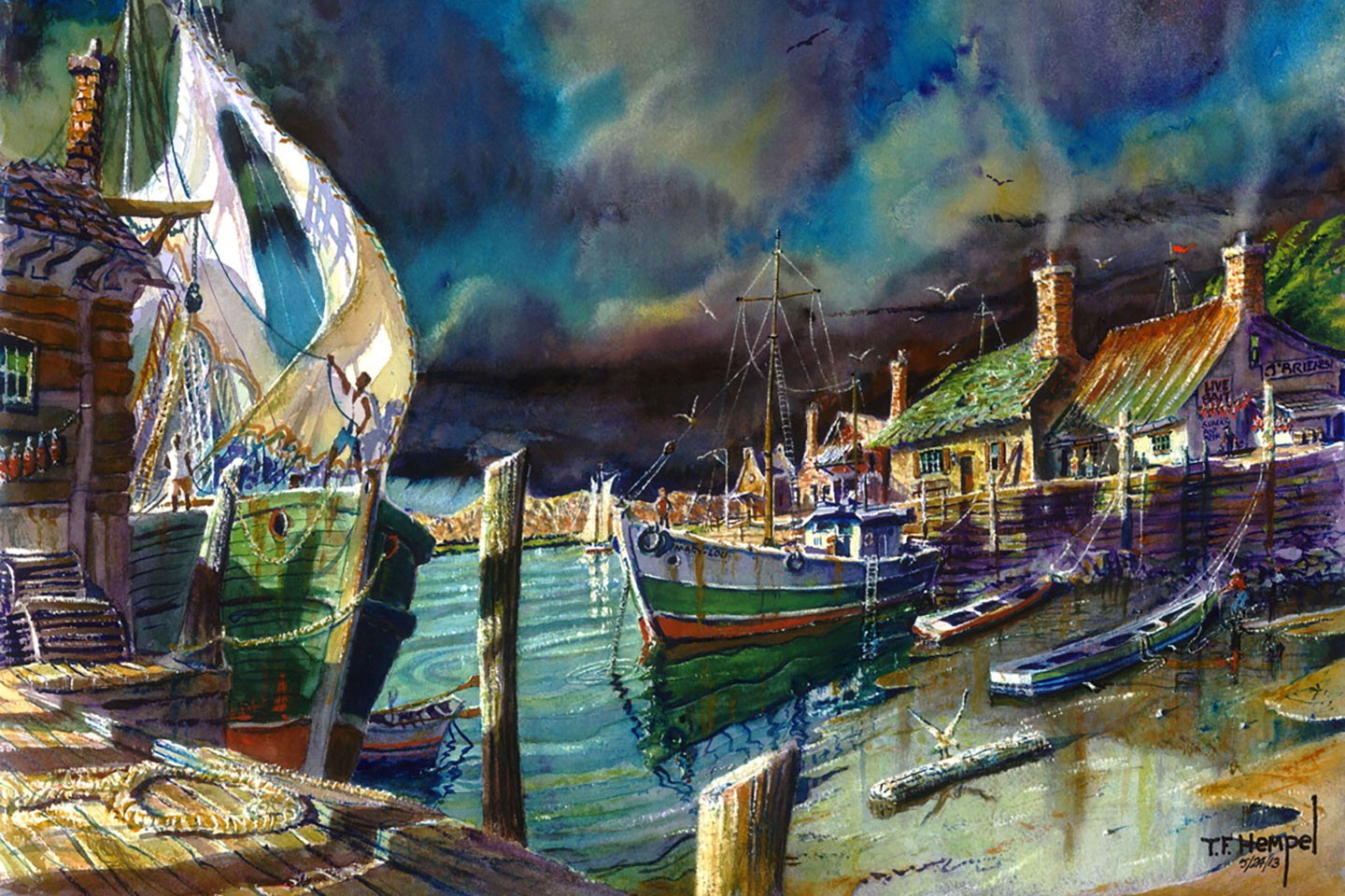 Painting of a boat in a harbor.